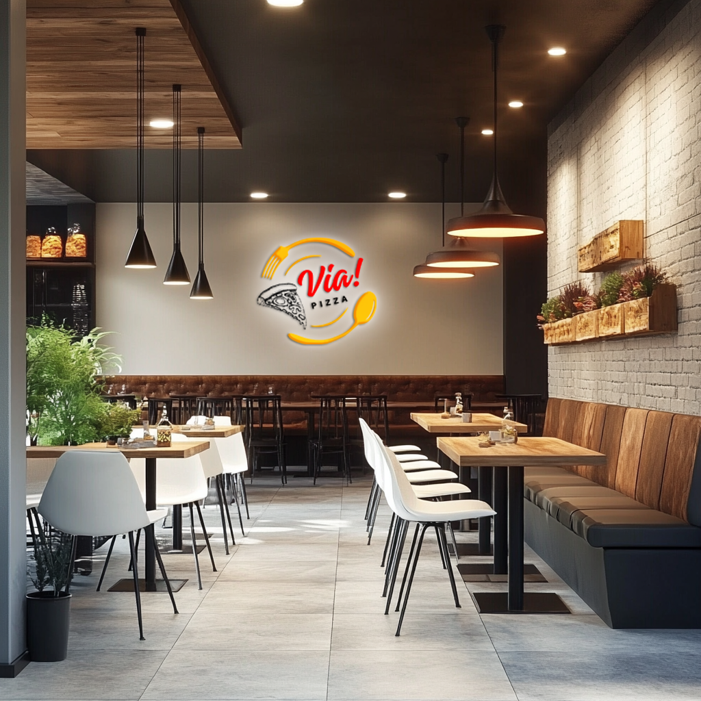 Wizualizacja logo Via Pizza na ścianie w lokalu